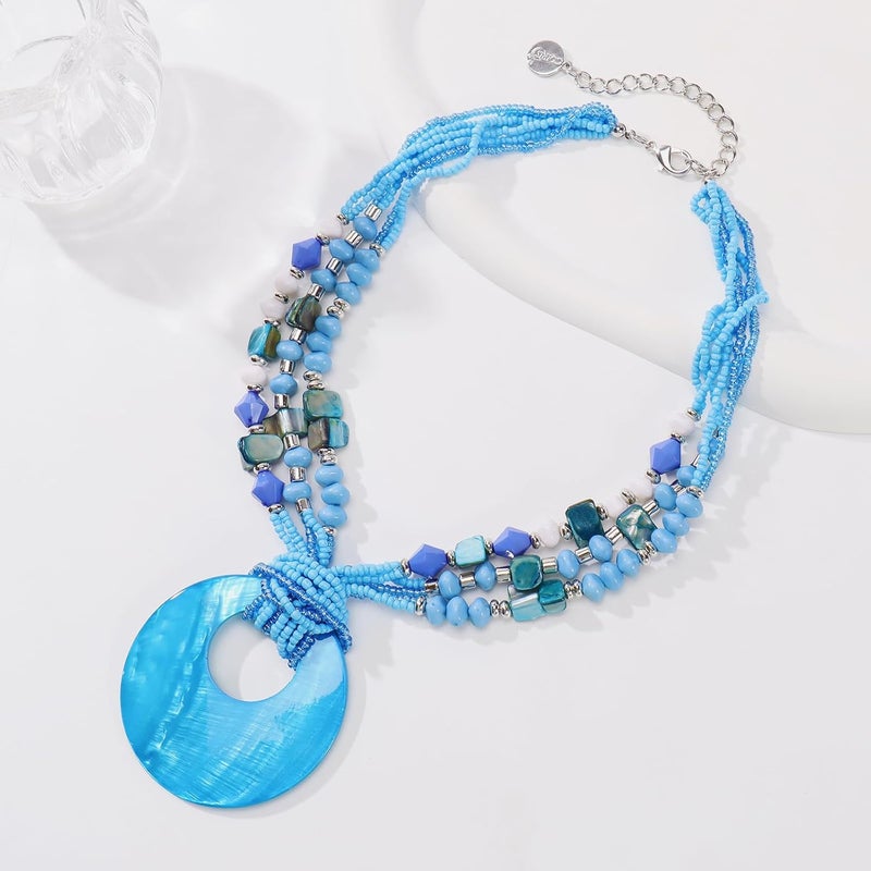 Coiris Shell Pendant Statement Strand Necklace for Women Boho Multi Beads Natural Stone Colorful Necklace Bohemian Handmade Chunky Shell Beaded Collar Jewelry for Women - Image 3